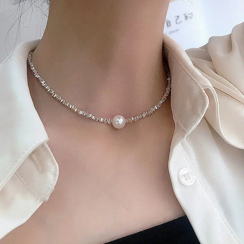Prata Minimalist Pérola Choker Colar