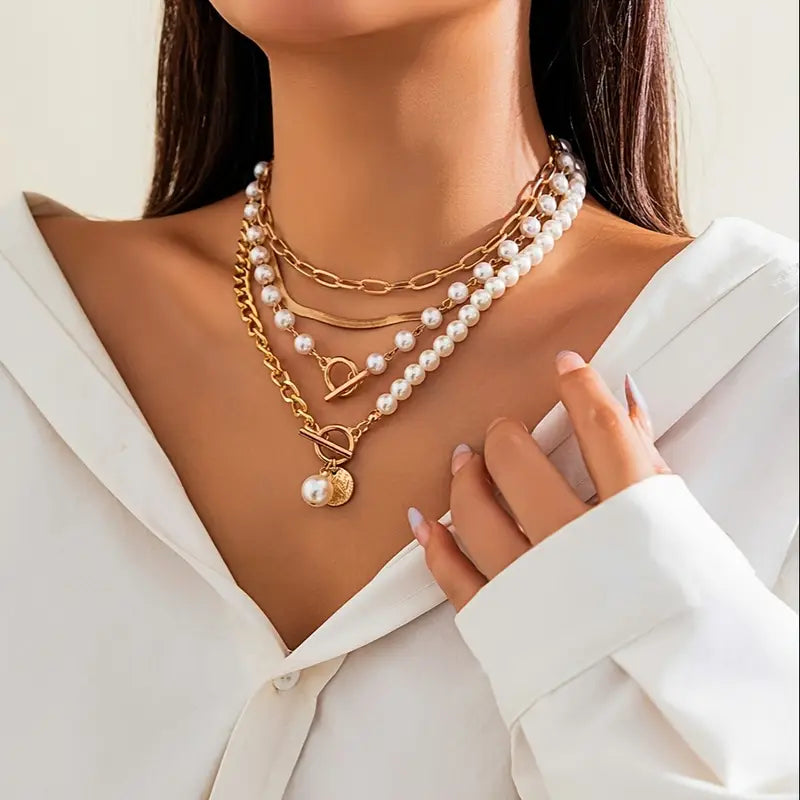Vintage Pérola & Ouro Snake Chain Conjunto de Colares | Ouro