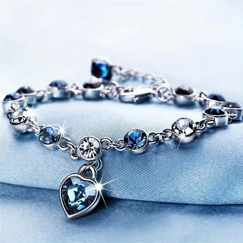Prata Safira Coração Chain Pulseira