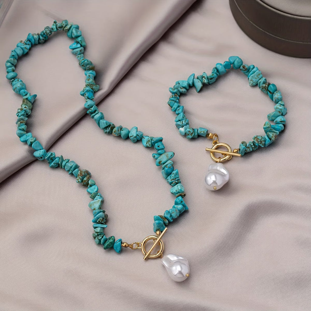 Turquesa & Colar de Pérolas Conjunto de Pulseiras