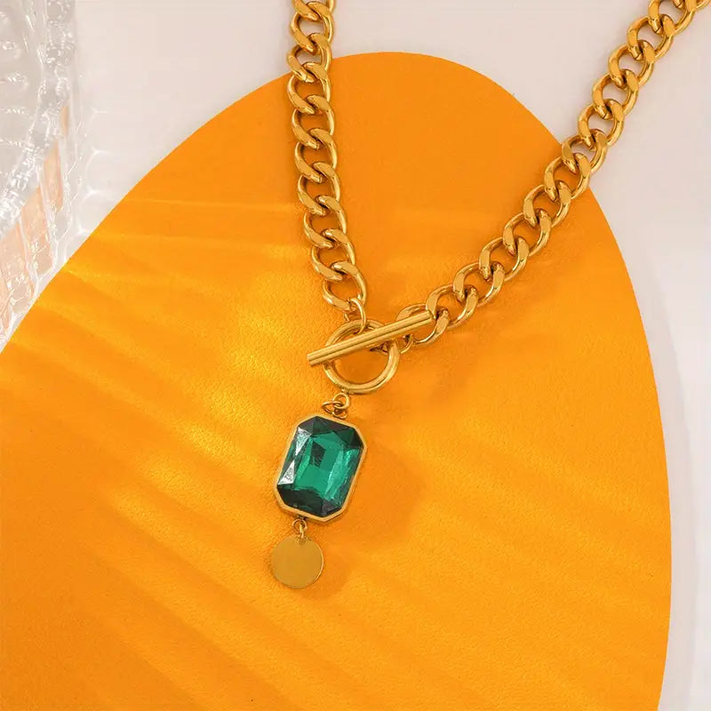 Chunky Chain Esmeralda Pendant Colar | Ouro