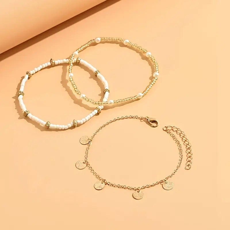 Coastal Pendente 3-Piece Layered Anklet Conjunto | Ouro