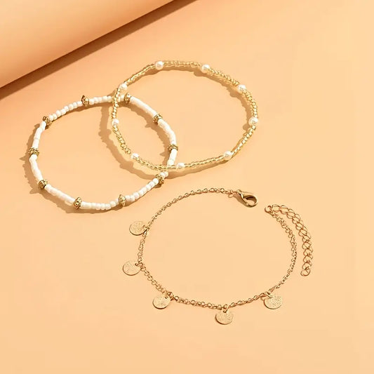 Coastal Pendente 3-Piece Layered Anklet Conjunto | Ouro