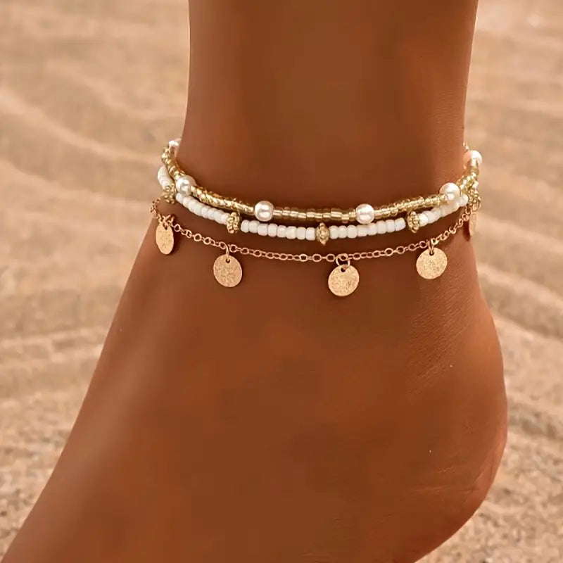 Coastal Pendente 3-Piece Layered Anklet Conjunto | Ouro