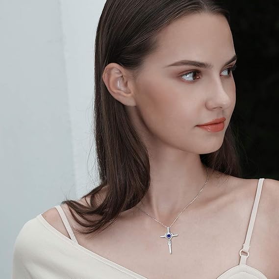 Safira Coração Pedra Cross Colar | Branco Ouro