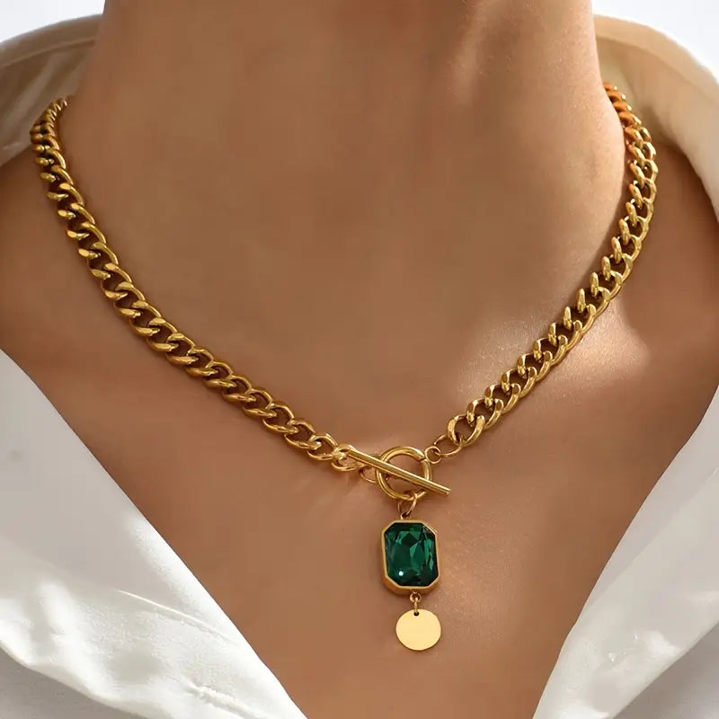 Chunky Chain Esmeralda Pendant Colar | Ouro