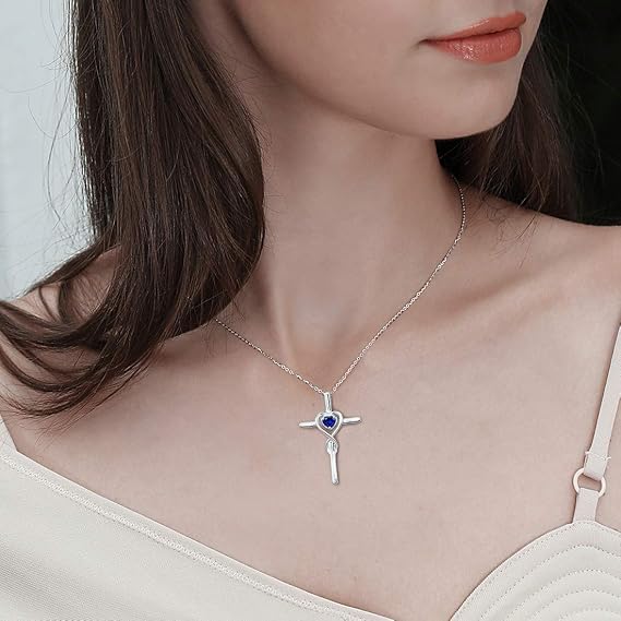 Safira Coração Pedra Cross Colar | Branco Ouro
