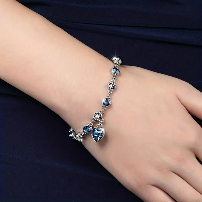 Prata Safira Coração Chain Pulseira