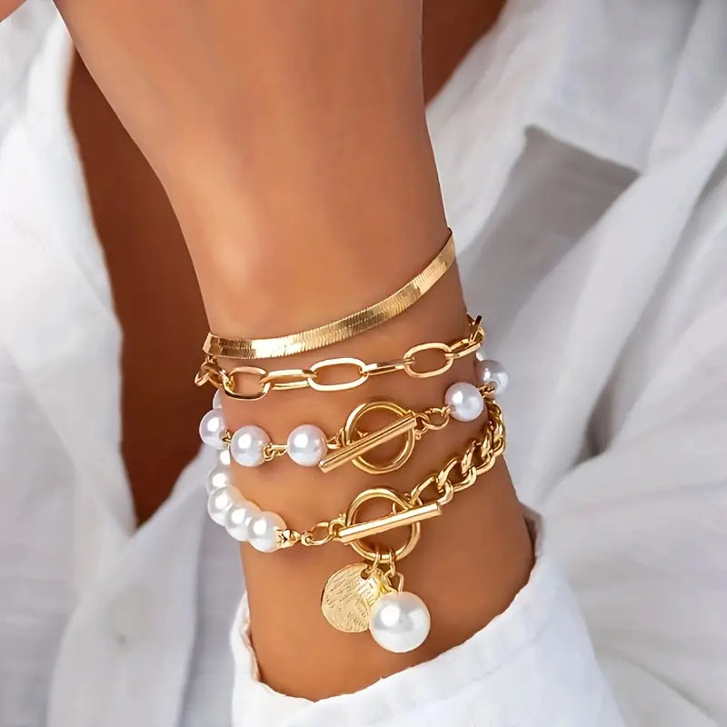 Chic Ouro 4-Piece Conjunto de Pulseiras - Snake, Pérolas & Links | Ouro