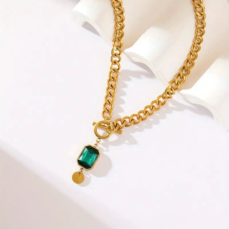 Chunky Chain Esmeralda Pendant Colar | Ouro