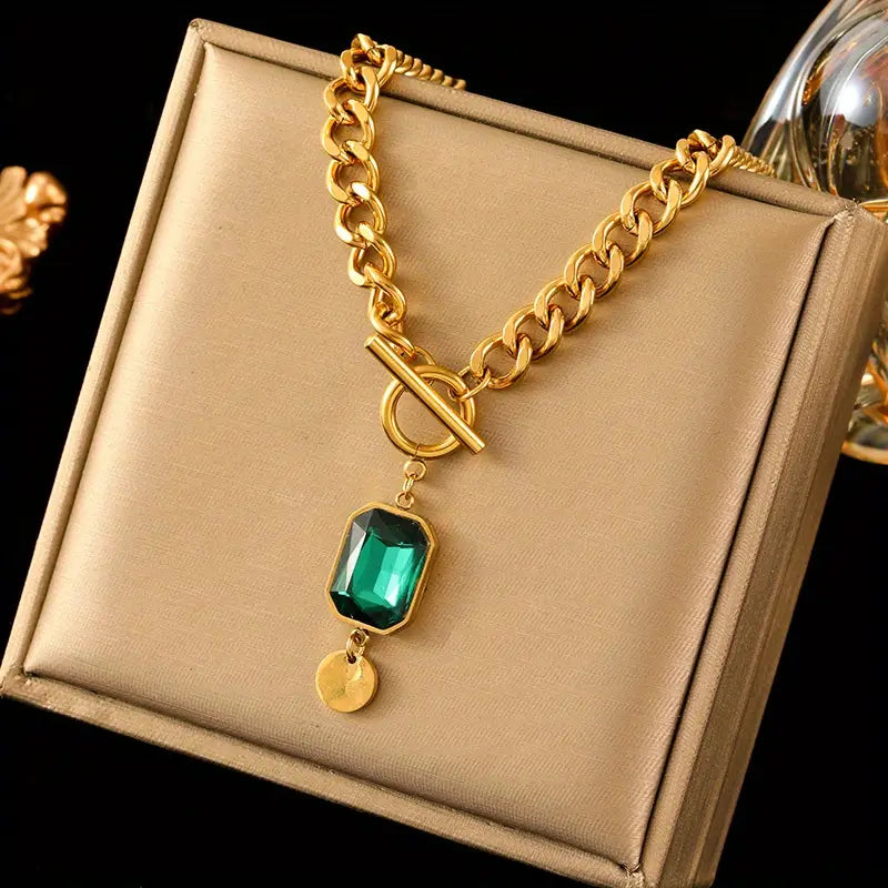 Chunky Chain Esmeralda Pendant Colar | Ouro