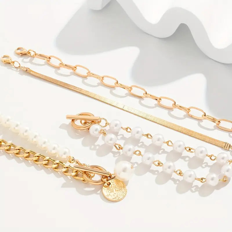 Chic Ouro 4-Piece Conjunto de Pulseiras - Snake, Pérolas & Links | Ouro