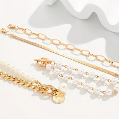 Chic Ouro 4-Piece Conjunto de Pulseiras - Snake, Pérolas & Links | Ouro