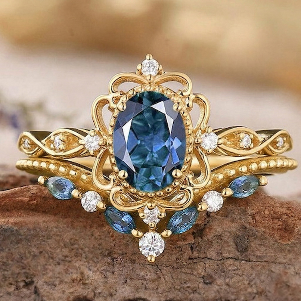 Azelia Safira Crown Conjunto de Anéis | Ouro
