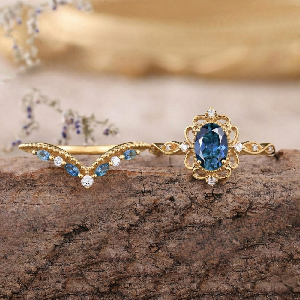 Azelia Safira Crown Conjunto de Anéis | Ouro