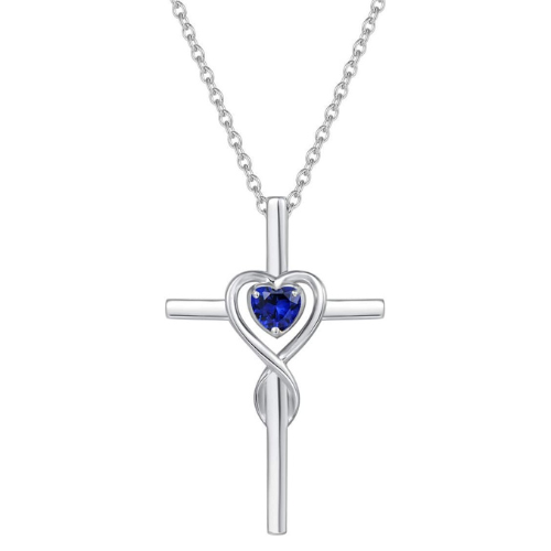 Safira Coração Pedra Cross Colar | Branco Ouro