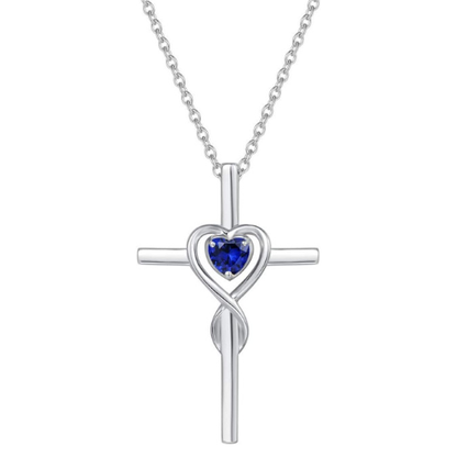 Safira Coração Pedra Cross Colar | Branco Ouro