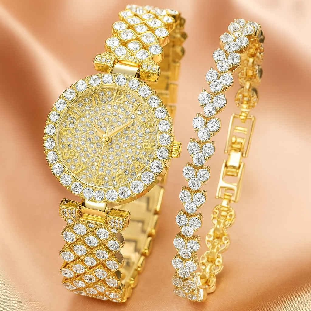 Luxe Radiance Ouro Watch & Conjunto de Pulseiras | Ouro