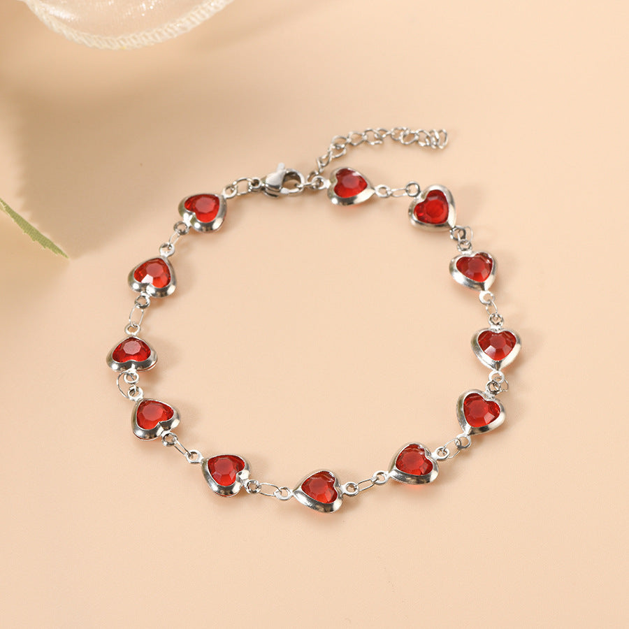 Prata Rubi Coração Chain Pulseira