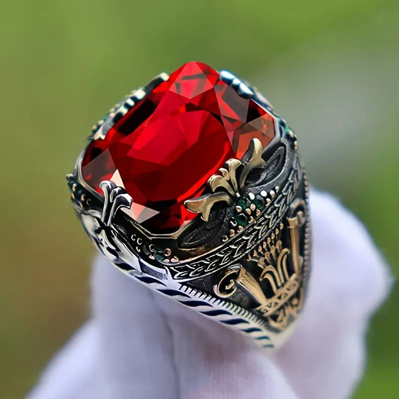 Prata Rubi Ornate Signet Anel