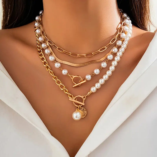 Vintage Pérola & Ouro Snake Chain Conjunto de Colares | Ouro