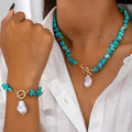 Turquesa & Colar de Pérolas Conjunto de Pulseiras
