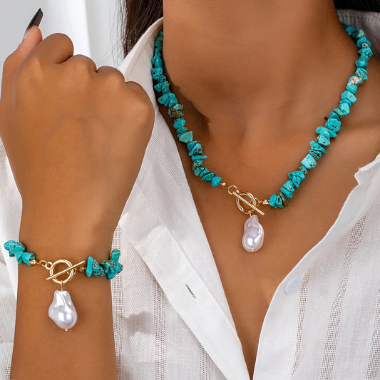 Turquesa & Colar de Pérolas Conjunto de Pulseiras