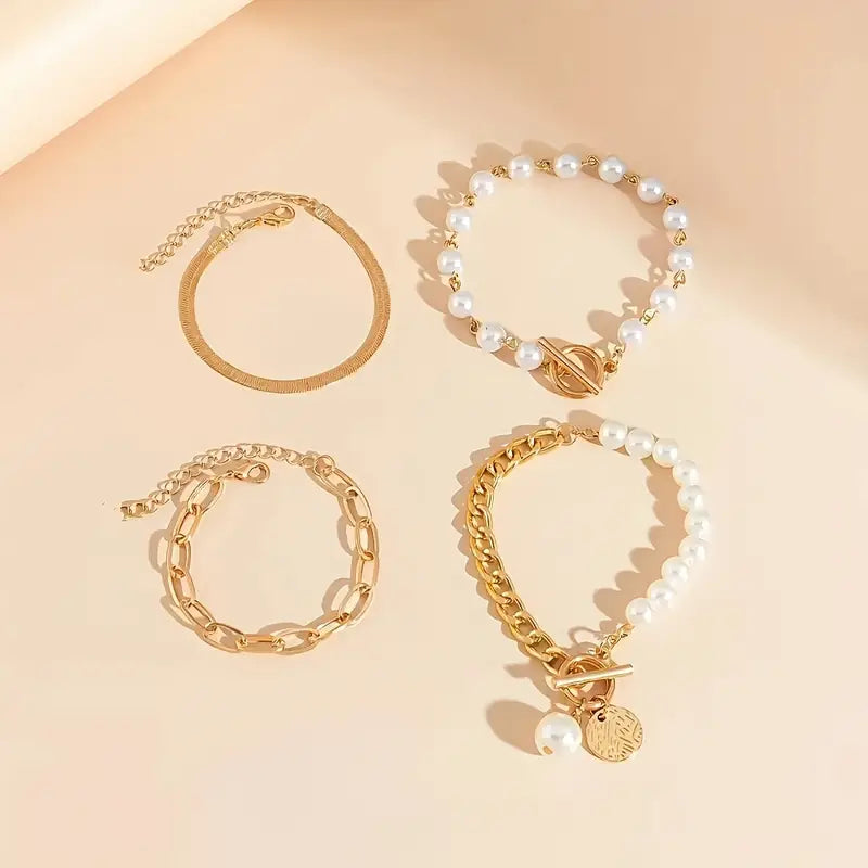 Chic Ouro 4-Piece Conjunto de Pulseiras - Snake, Pérolas & Links | Ouro