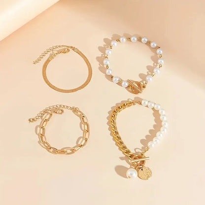 Chic Ouro 4-Piece Conjunto de Pulseiras - Snake, Pérolas & Links | Ouro