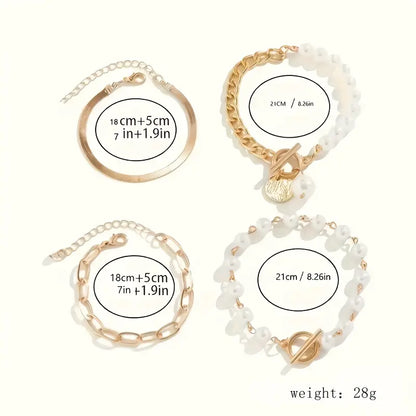 Chic Ouro 4-Piece Conjunto de Pulseiras - Snake, Pérolas & Links | Ouro