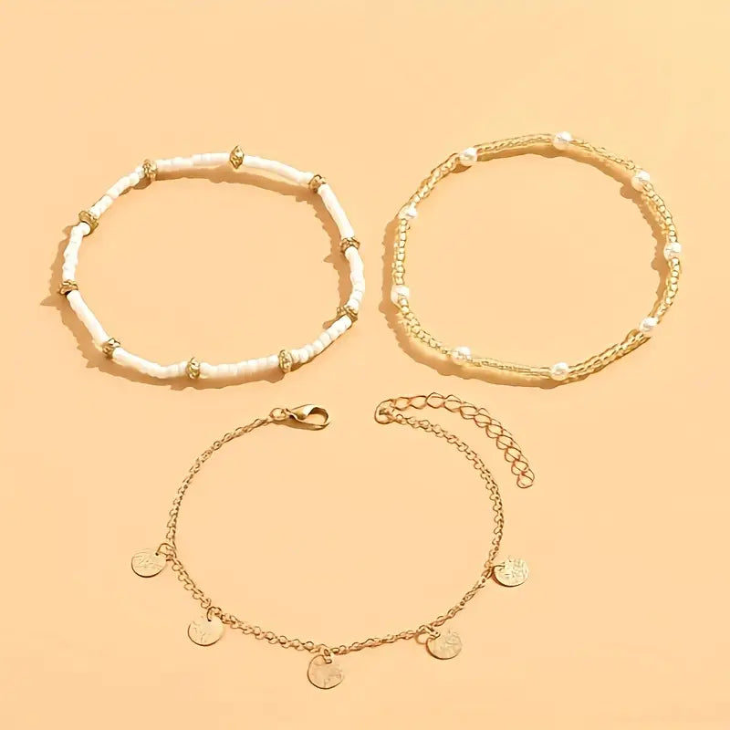 Coastal Pendente 3-Piece Layered Anklet Conjunto | Ouro