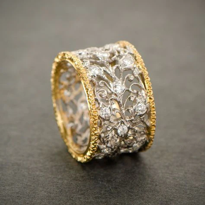 Prata and Ouro Ornate Band Anel