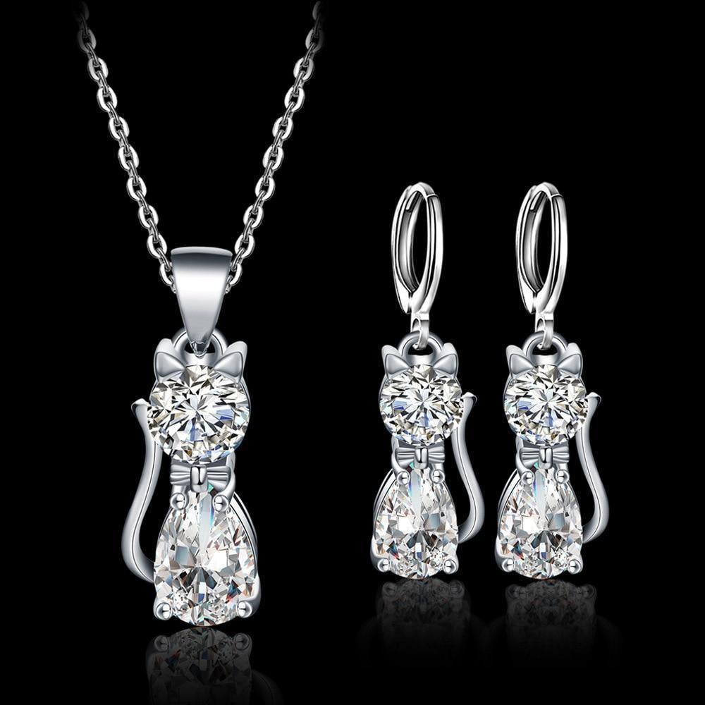 Conjunto Colar + Brincos Happy Cats in Sterling Prata and Polished Branco Zirconium