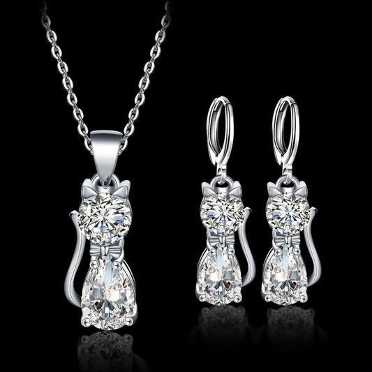 Conjunto Colar + Brincos Happy Cats in Sterling Prata and Polished Branco Zirconium